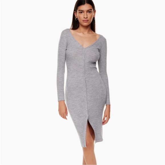 Aritzia Dresses & Skirts - BABATON Avalon Dress Ribbed Button-Front Long Sleeve in Light Gray size small